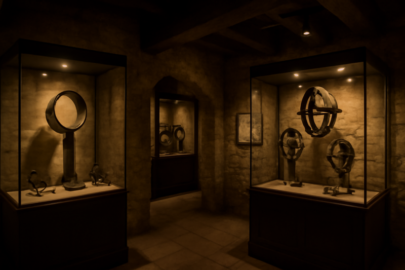 Historische martelinstrumenten in een museum met stenen muren en sfeerverlichting