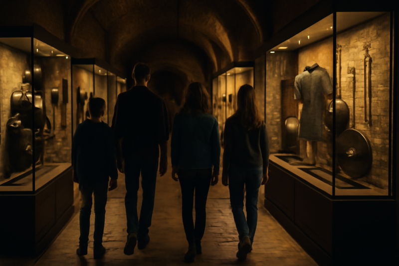 Gezin bekijkt historische objecten in een sfeervolle museumzaal in Amsterdam