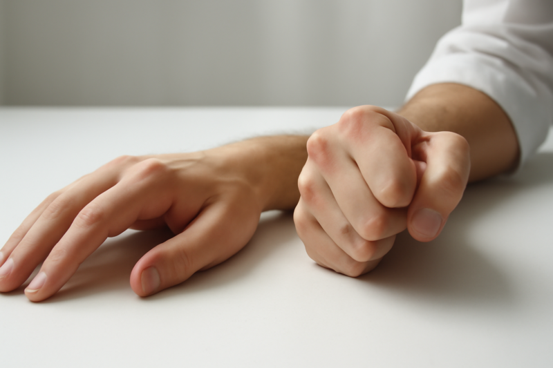 Twee handen op een witte ondergrond die verschillende reacties op pijn symboliseren